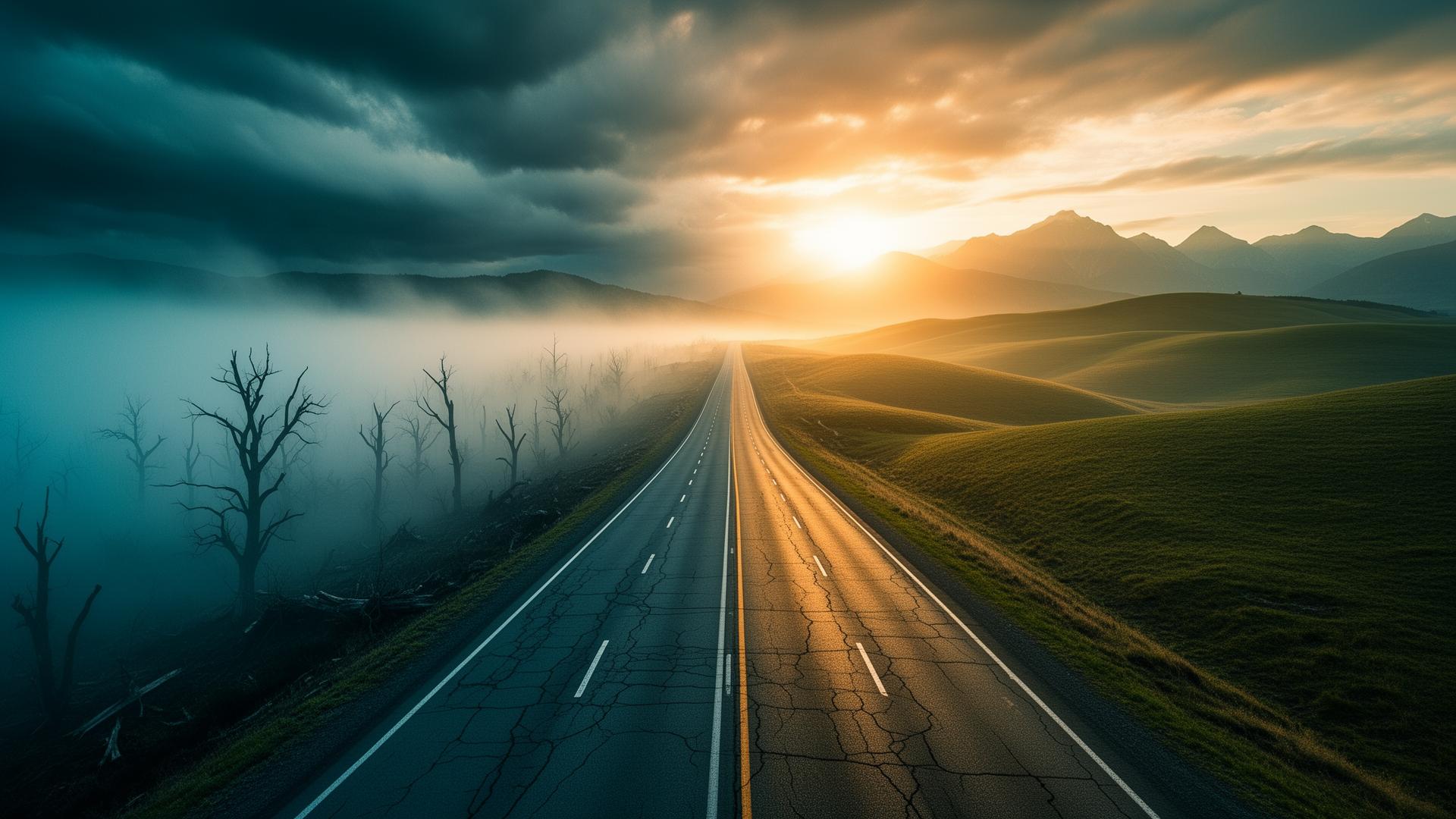 Two roads diverging — one leading into storm and fog, the other into golden sunrise — the choice between staying the same and breakthrough.